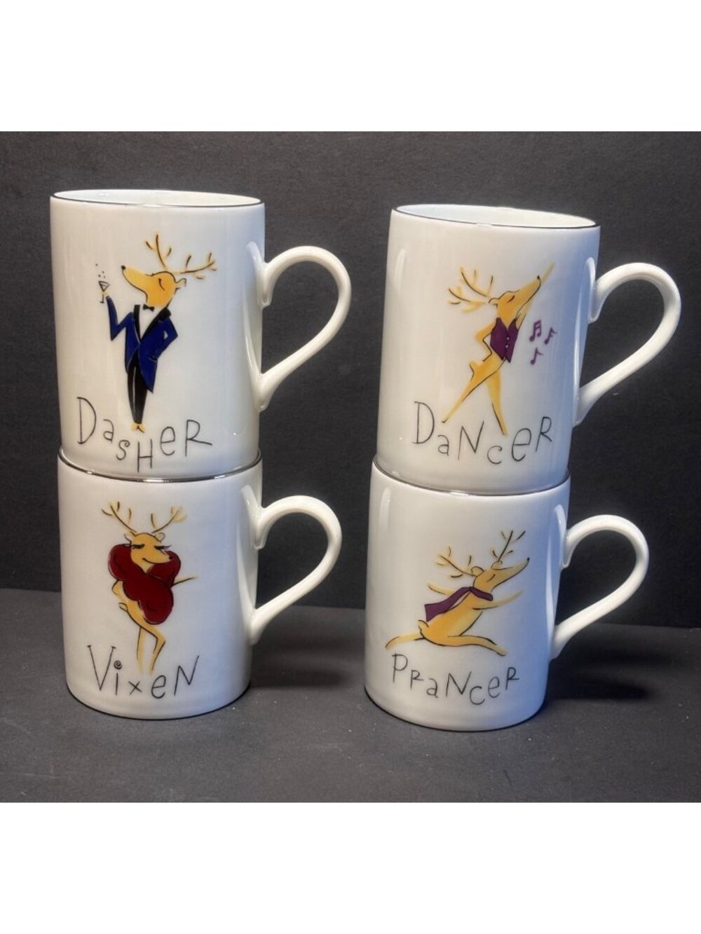 Pottery Barn Reindeer Mug Set Of 4 Dancer Dasher Prancer Vixen Made In Japan
